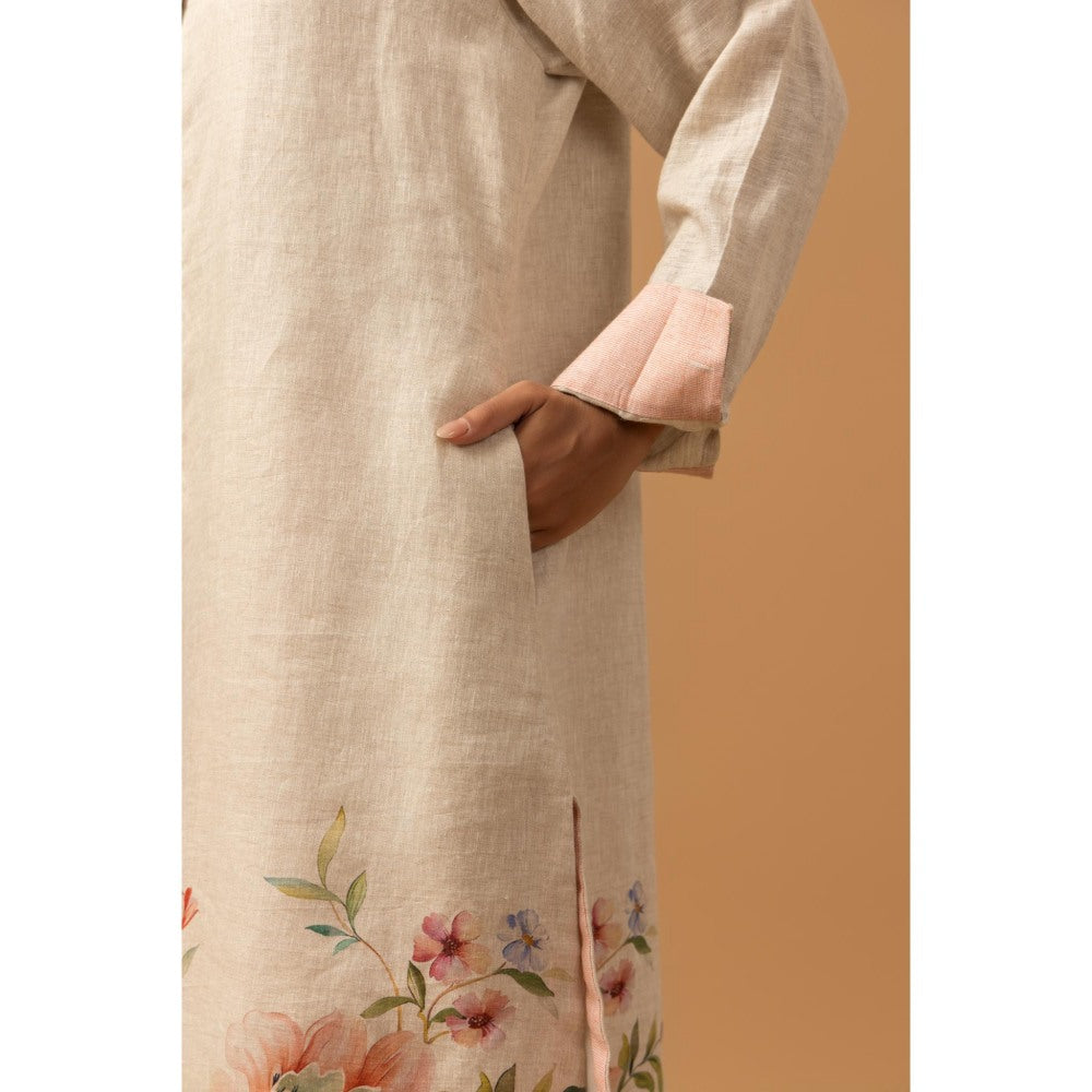 Naseebo Pearl Floral Trail Linen Premium Kurta with Pant - Beige