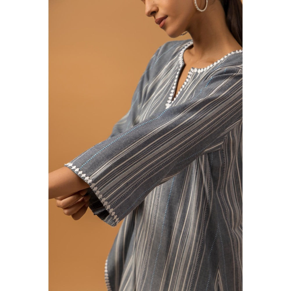 Naseebo Graphite Stripe Linen Premium Kurta with Pant - Grey