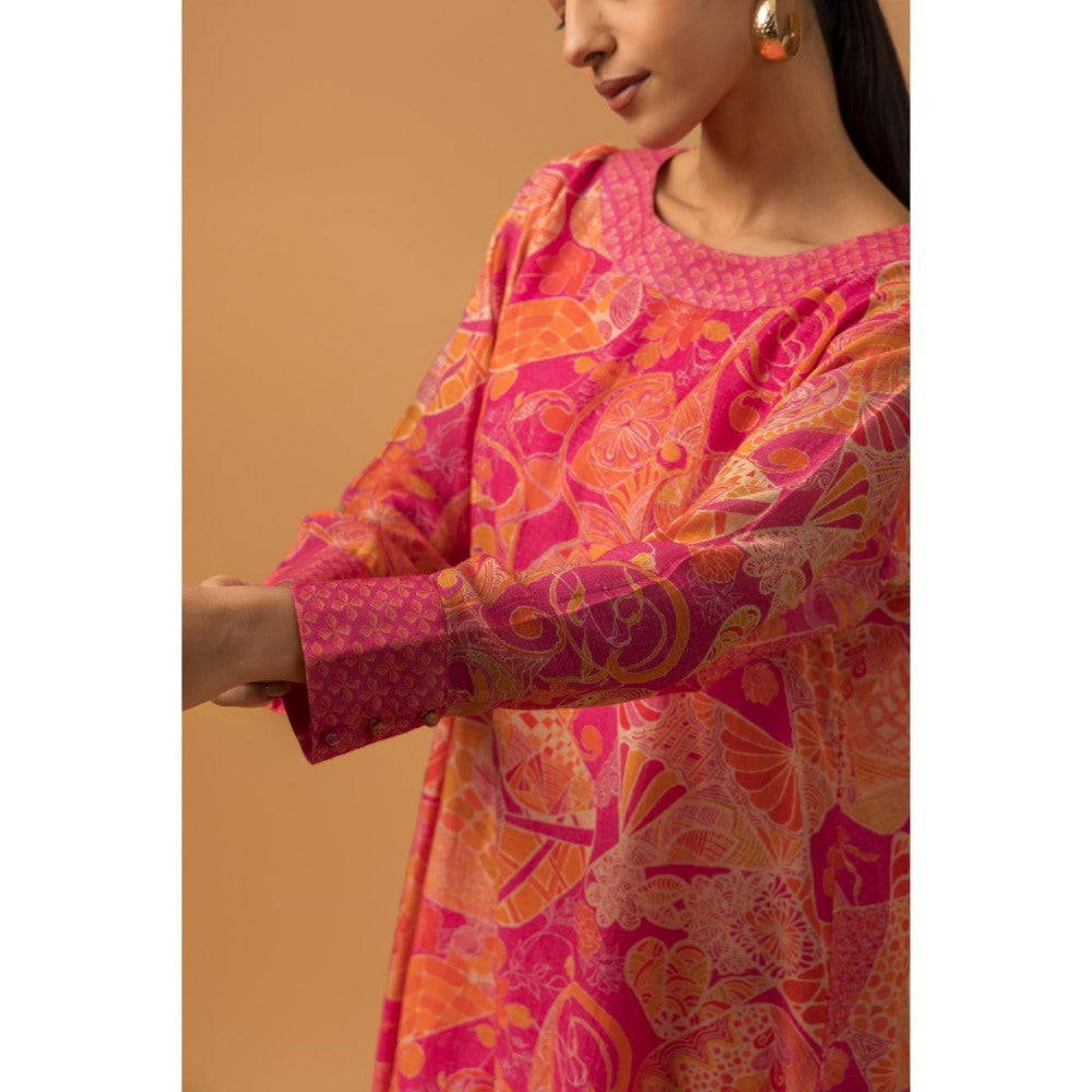 Naseebo Roseate Motif Linen Premium Kurta with Pant - Pink