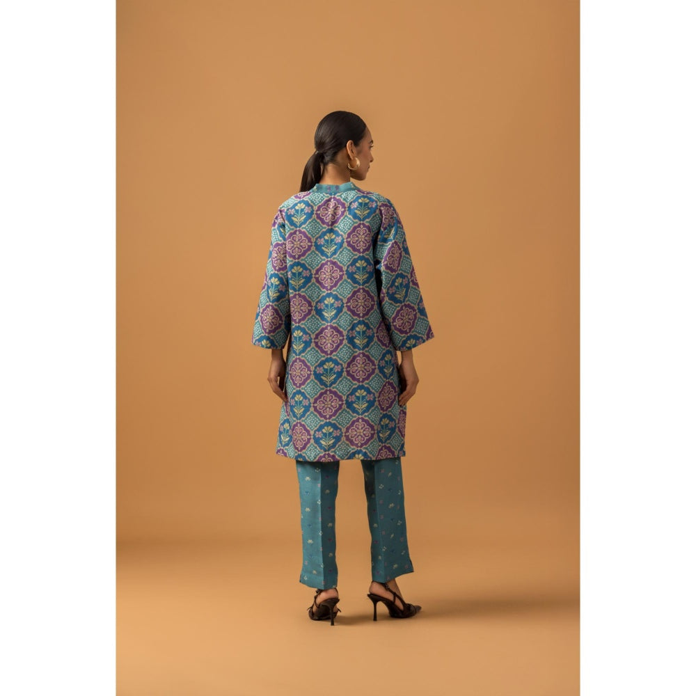 Naseebo Teal Medallion Linen Premium Co-Ord - Blue