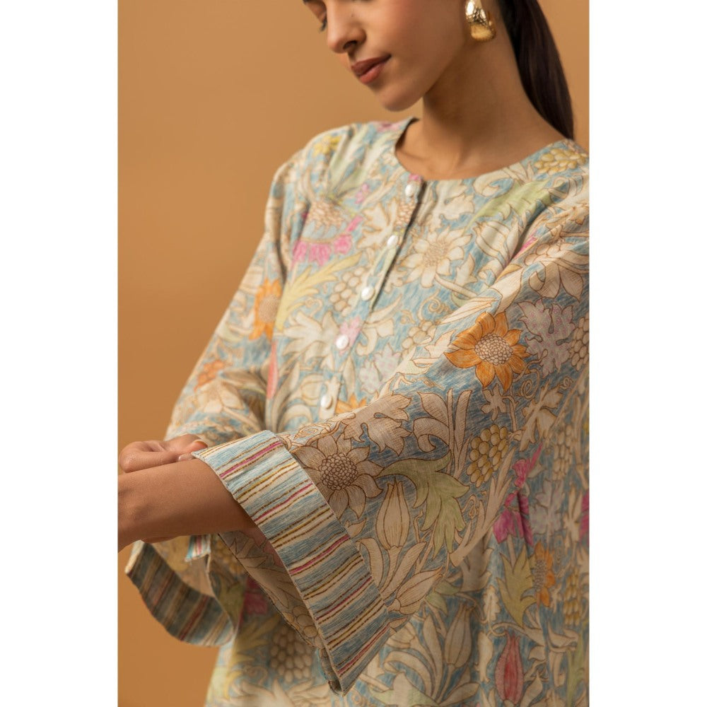 Naseebo Cyan Bloom Linen Premium Kurta with Pant - Blue