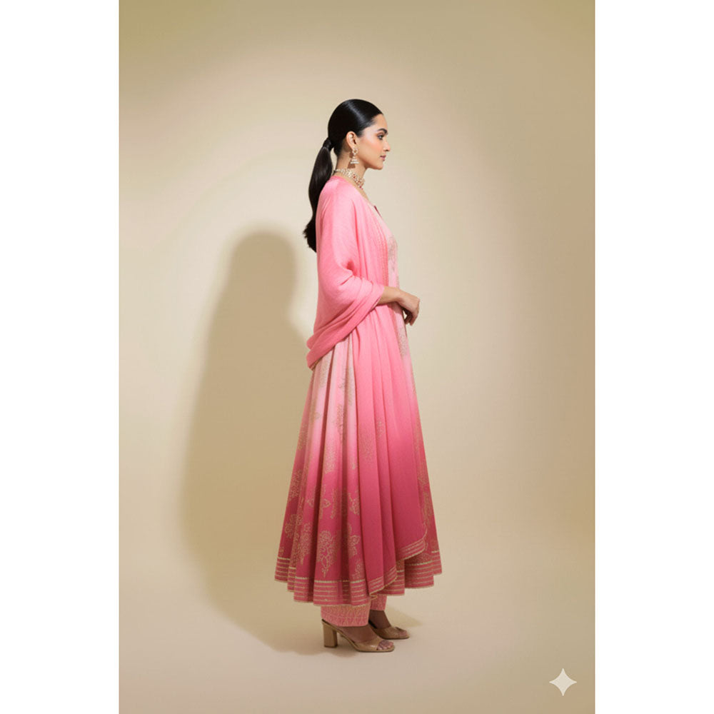 Naseebo Womens Muslin Ombre Pink Anarkali Kurta with Pant and Dupatta