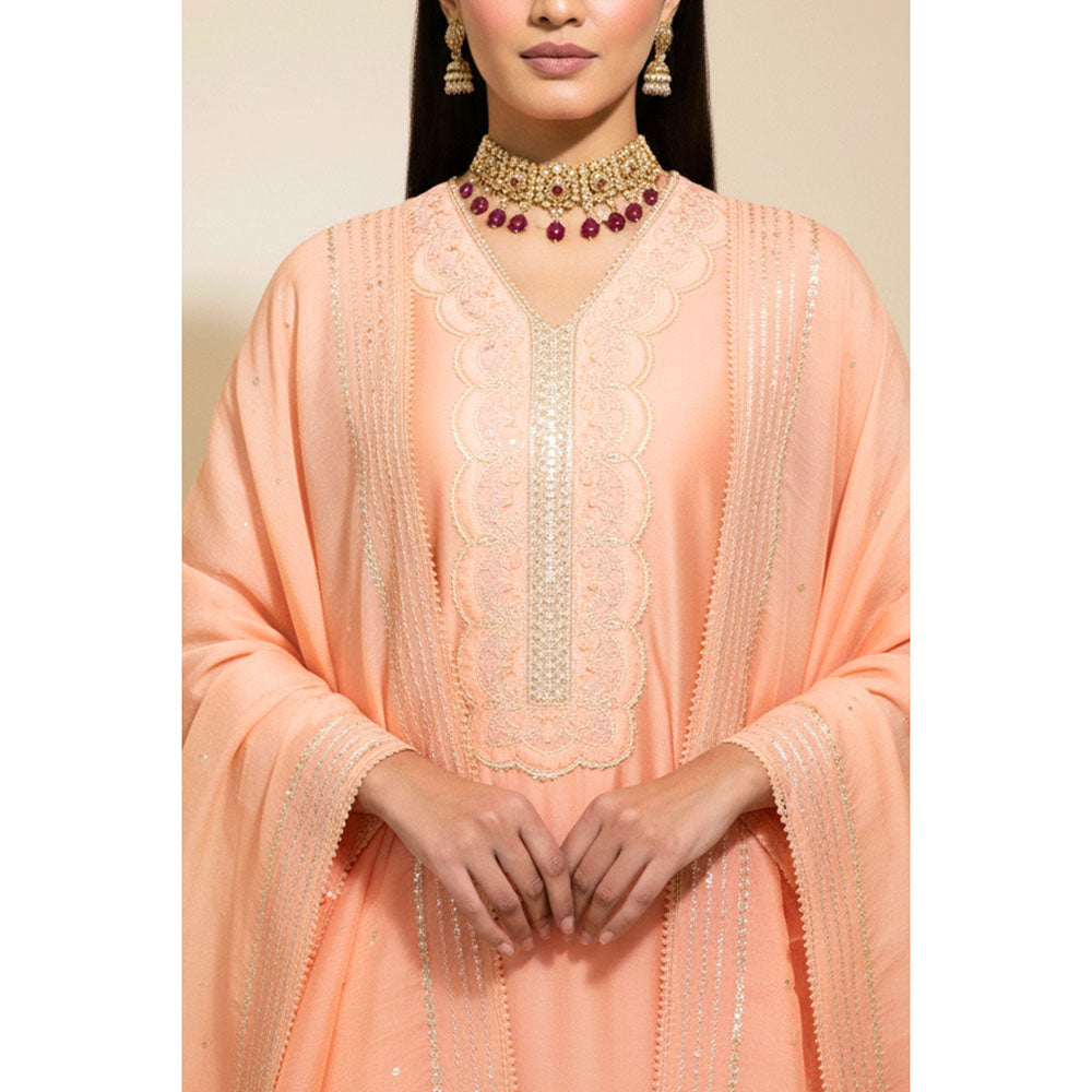 Naseebo Womens Chanderi Embroidered Peach Kurta with Pant and Dupatta