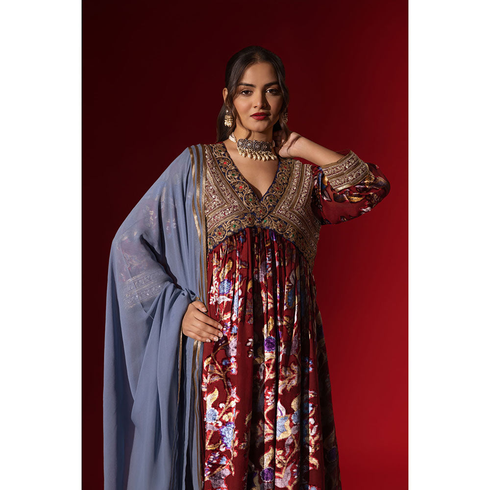 Naseebo Vintage Ruby Velvet Anarkali with Pant & Dupatta