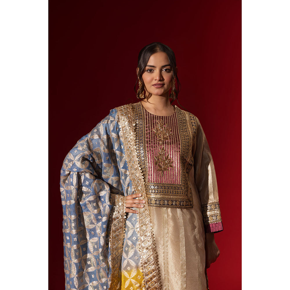 Naseebo Tapestry Cream Brocade Kurta with Pant & Dupatta