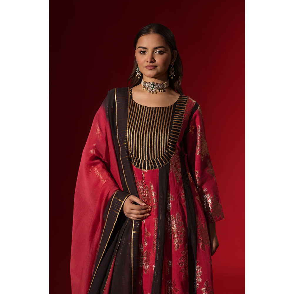 Naseebo Maroon Majesty Shimmer A-Line Kurta with Pant & Dupatta