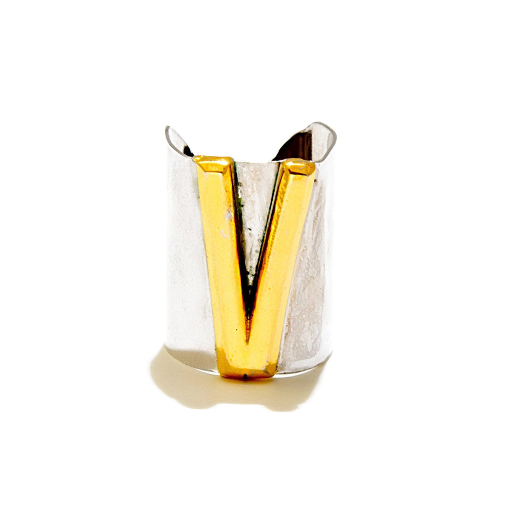 Valliyan Silver V Letter Ring