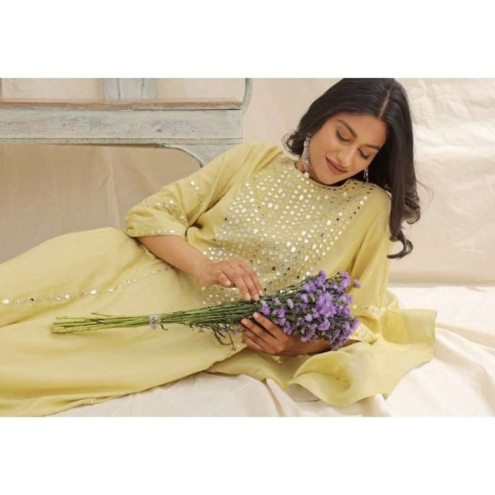 Neelu Sethi Lime Green Mirror Work Kurta With Pant and Dupatta (Set of 3)