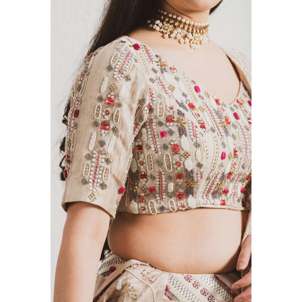 Neelu Sethi Beige Hand Embroidered Lehenga and Blouse with Dupatta (Set of 3)