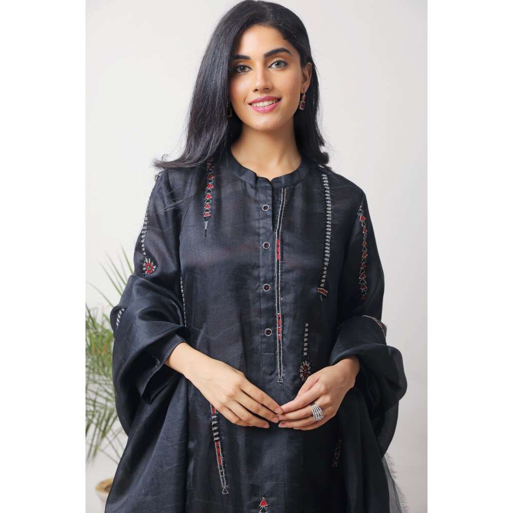 Neelu Sethi Black Embroidered Organza Kurta With Cotton Satin Pant and Dupatta (Set of 3)