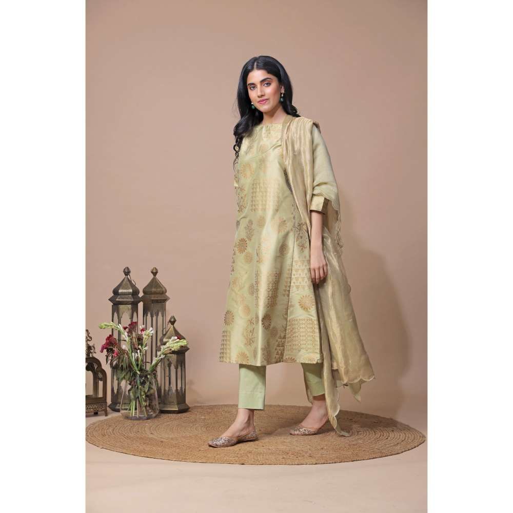Neelu Sethi Green Silk Block Printing Kurta With Pant And Dupatta (Set of 3)