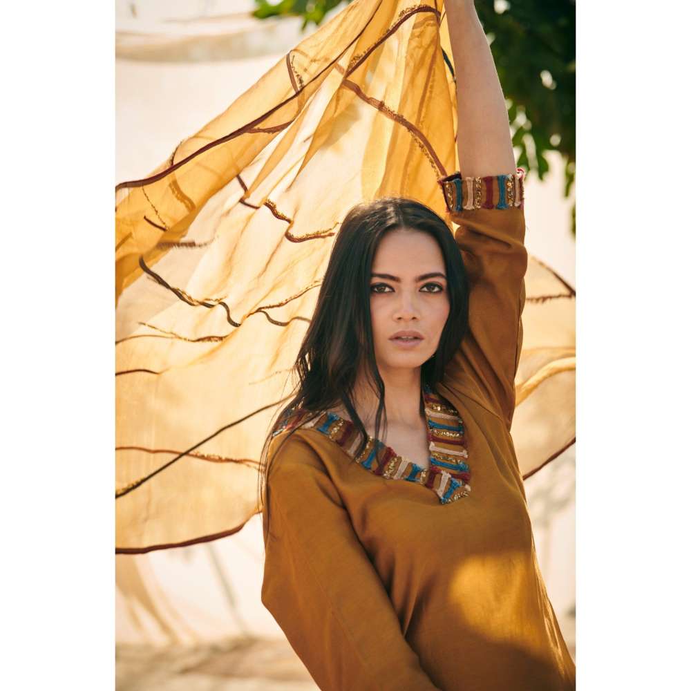 Neelu Sethi Mustard Chanderi Kurta With Pant and Organza Embroidered Dupatta (Set of 3)