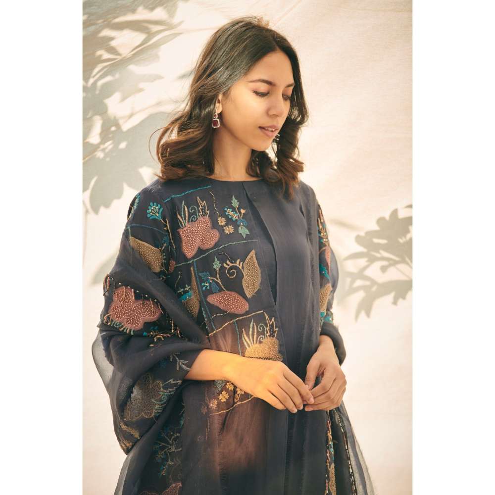 Neelu Sethi Navy Blue Embroidered Kurta With and Pant with Organza Panel Dupatta (Set of 3)