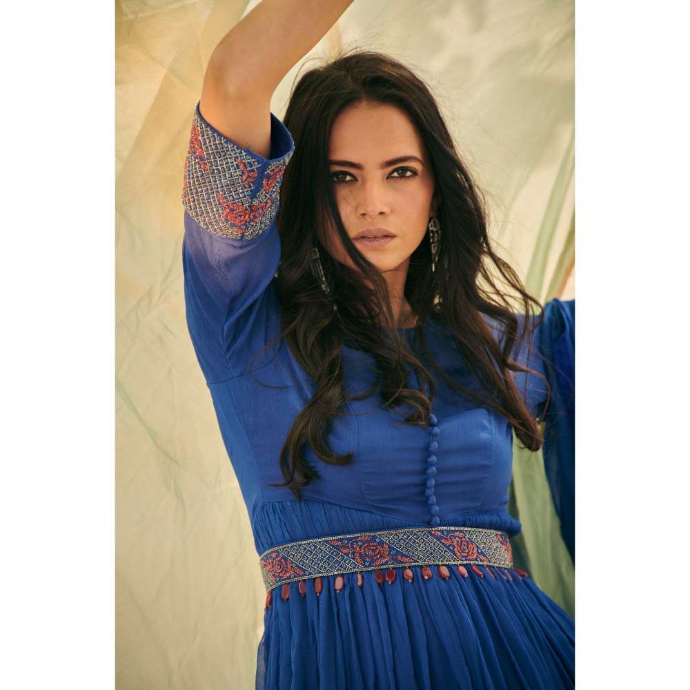 Neelu Sethi Chiffon Embroidered Peplum Top-Sharara with Dupatta and Belt (Set of 4)