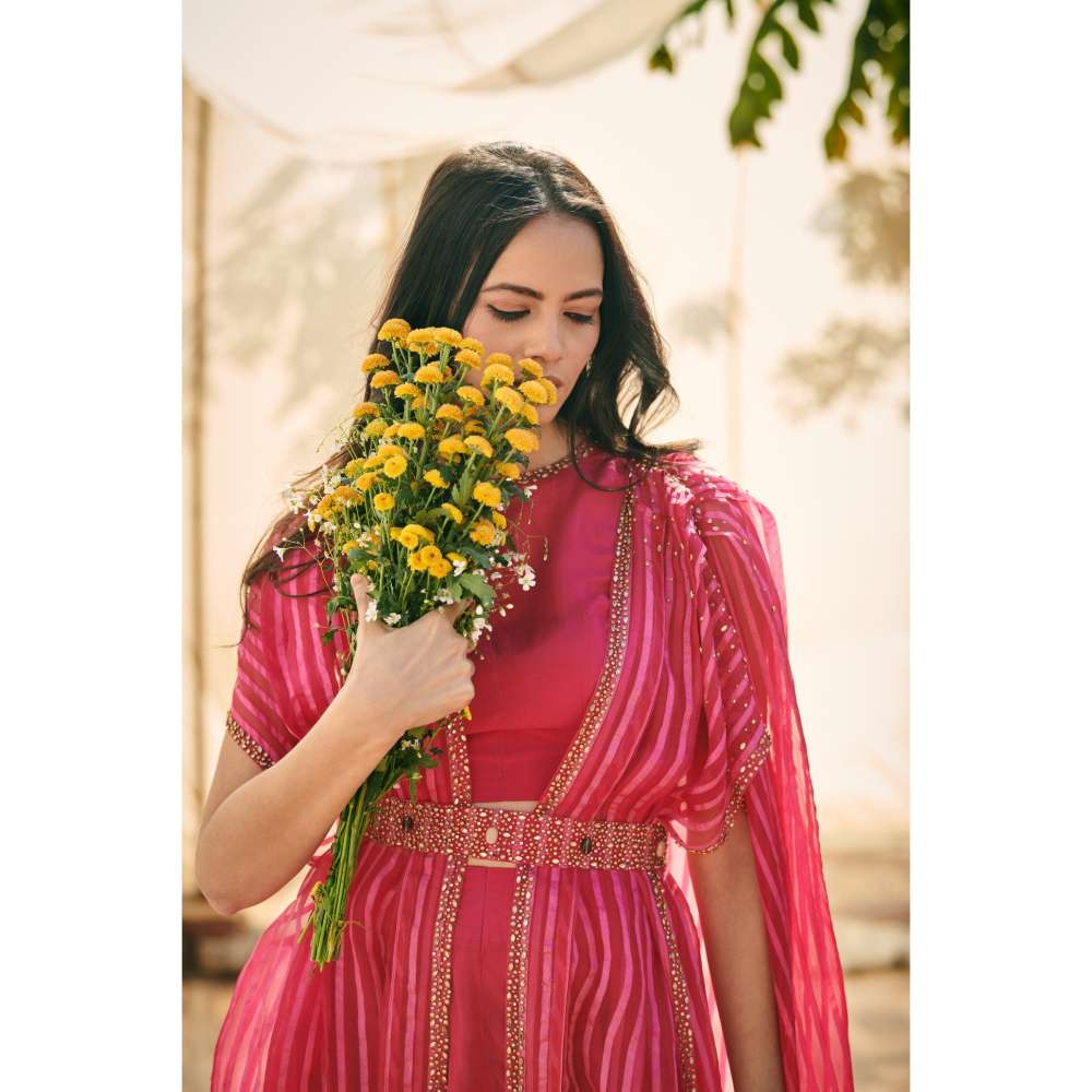 Neelu Sethi Organza Pant And Blouse With Cape and Hand Embroidered Belt (Set of 4)