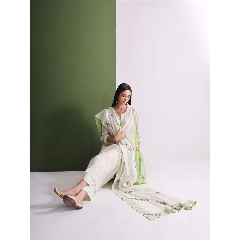 Neelu Sethi Off White And Lime Green Kurta and Pant With Embroidered Dupatta (Set of 3)