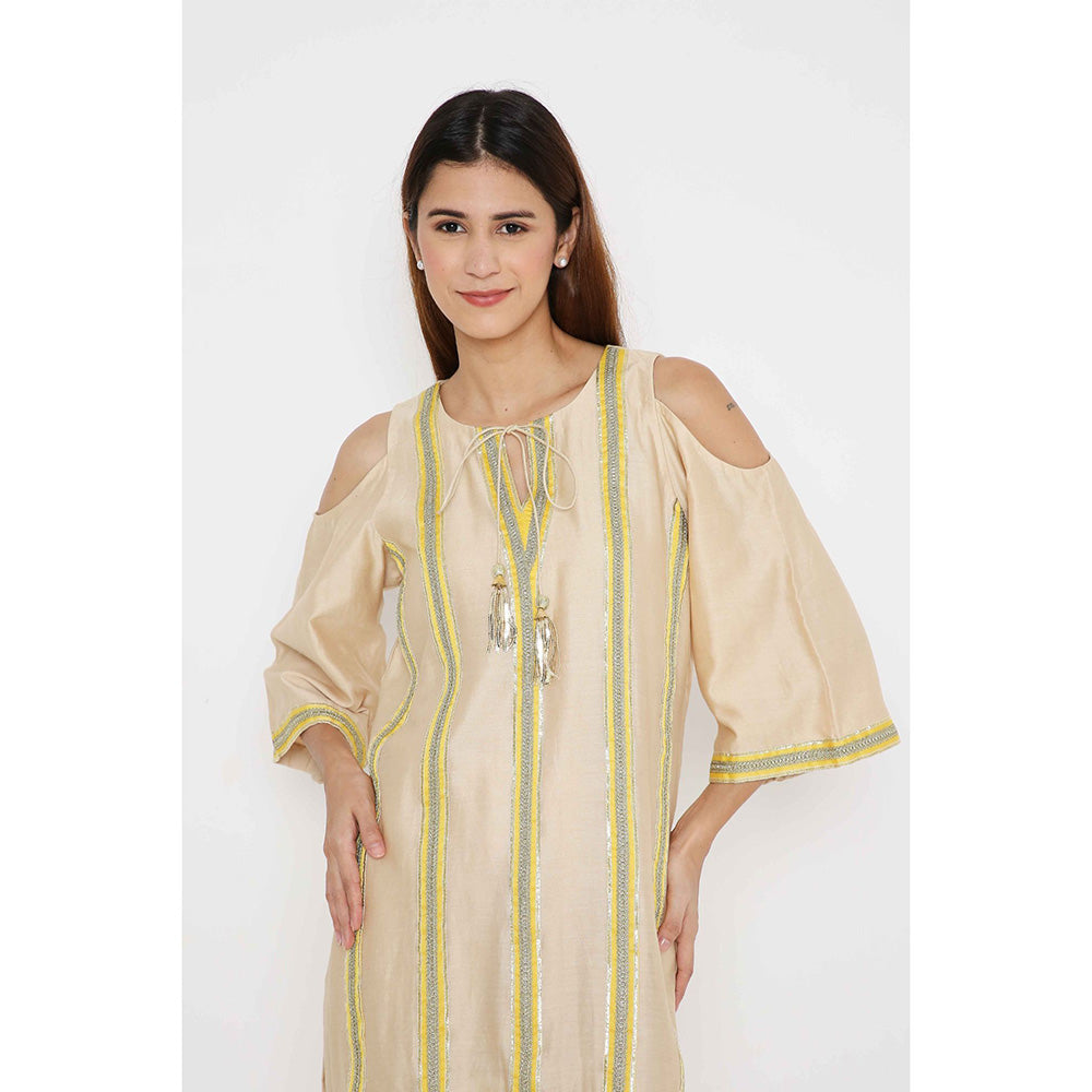 Neha Mehra Beige Chanderi Gota Stripe Short Kurta with Pants (Set of 2)