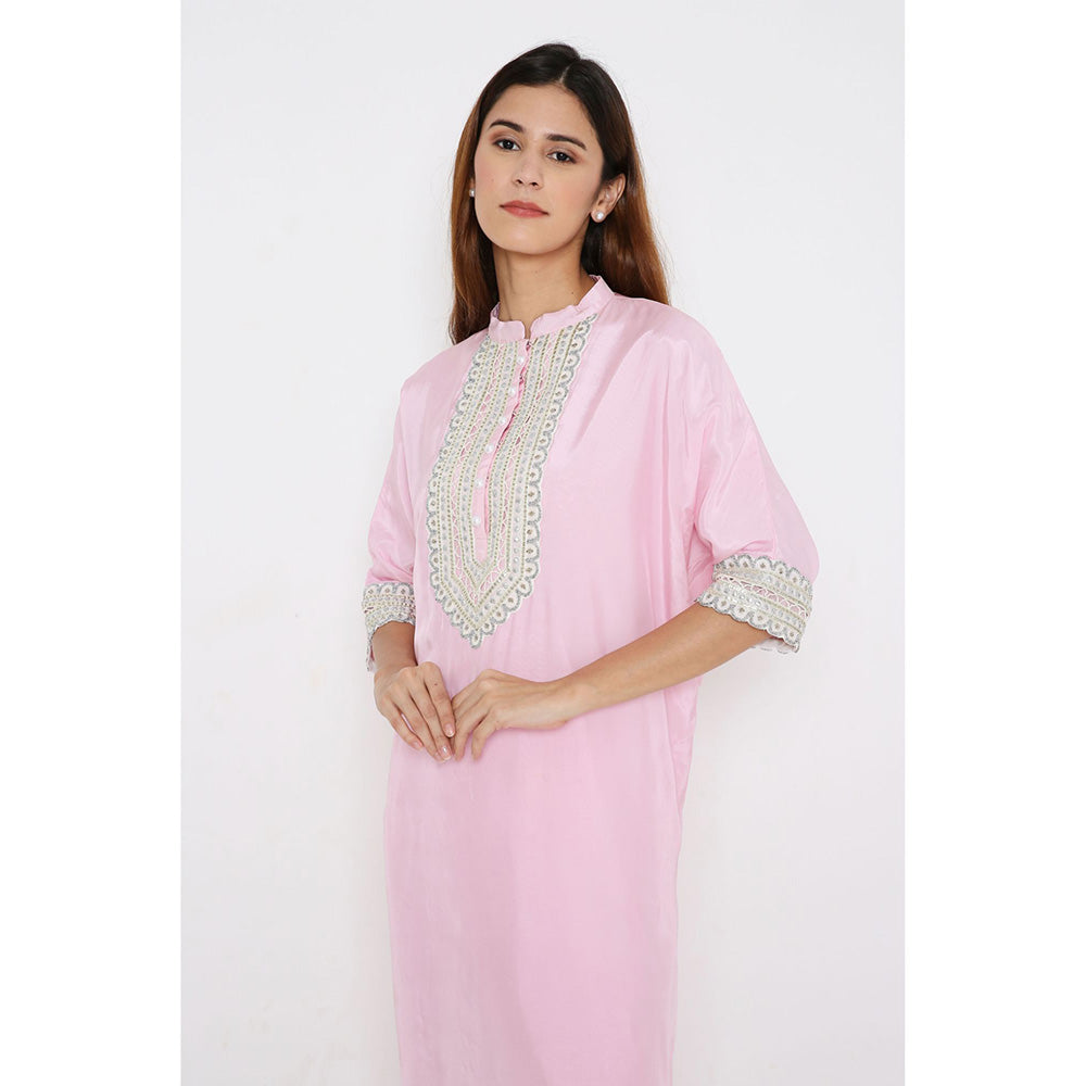 Neha Mehra Candy Pink Silk Embroidered Asymmetrical Kurta with Pant (Set of 2)
