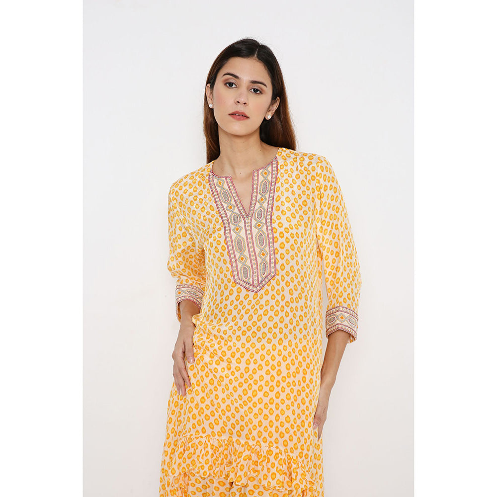 Neha Mehra Saffron Polka Crepe Asymmetrical Ruffle Kurta with Dhoti Pants (Set of 2)