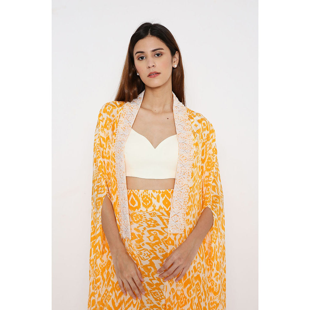 Neha Mehra Saffron Ikat Crepe Cape with Drape Skirt and Off-White Bustier (Set of 3)