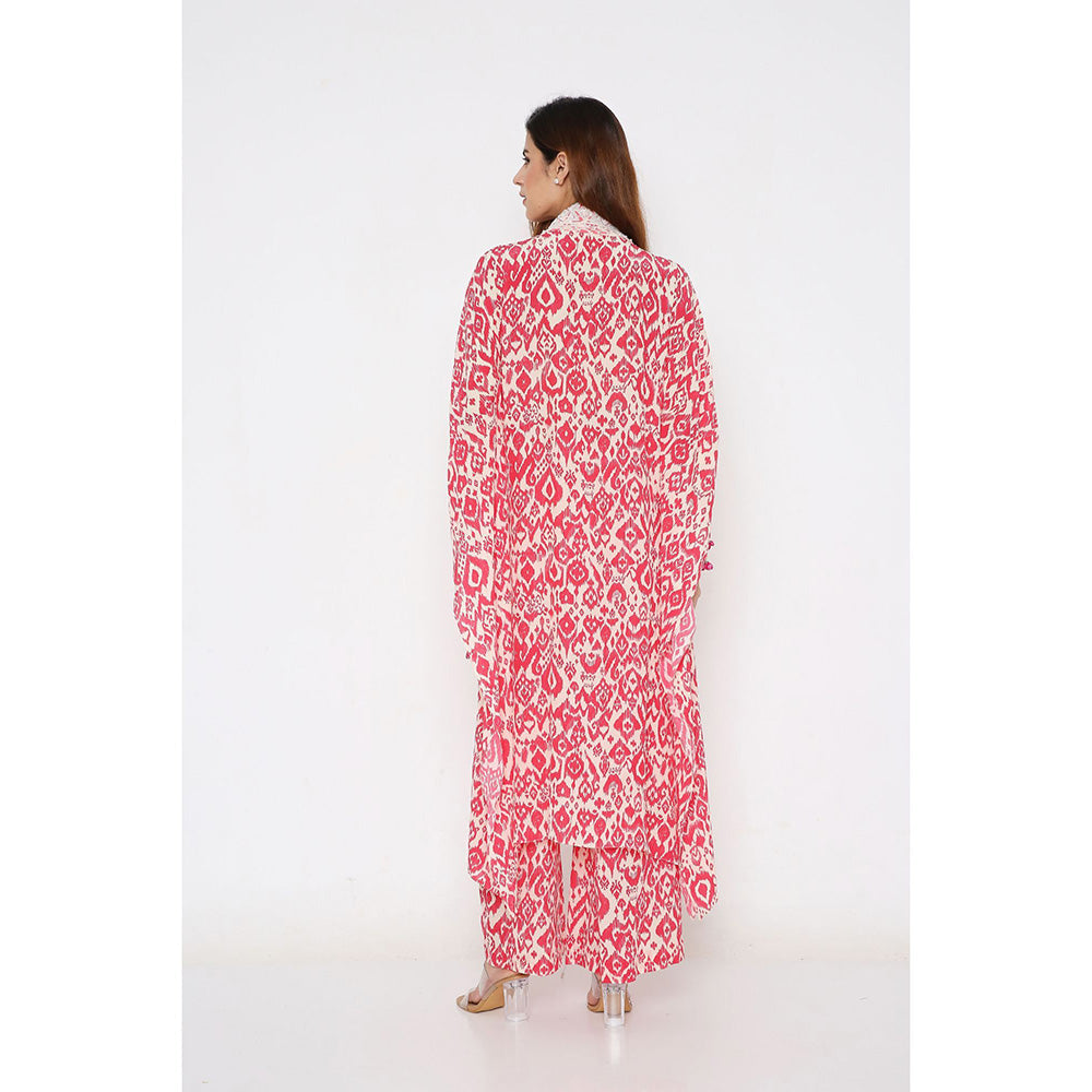 Neha Mehra Pink Ikat Crepe Front Slit Kaftan with Flared Pants (Set of 2)