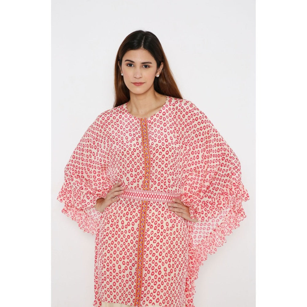 Neha Mehra Pink Polka Crepe Ruffle Kaftan with Belt and Modal Dhoti Pant (Set of 3)