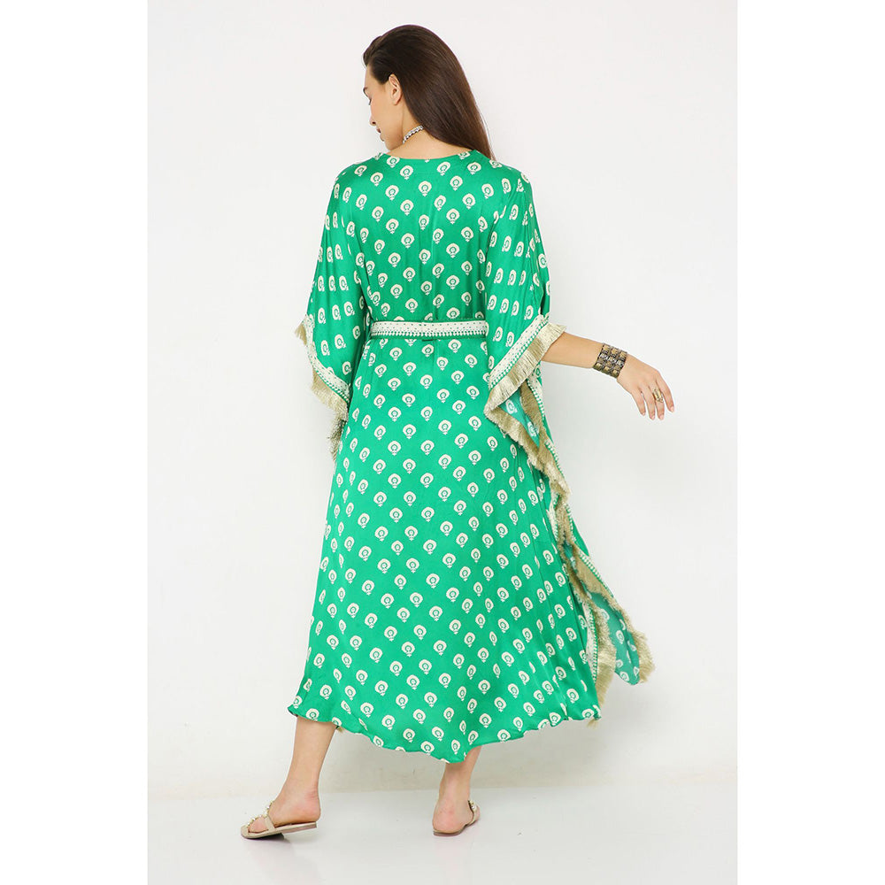 Neha Mehra Green Barfi Modal Long Kaftan Dress with Belt (Set of 2)