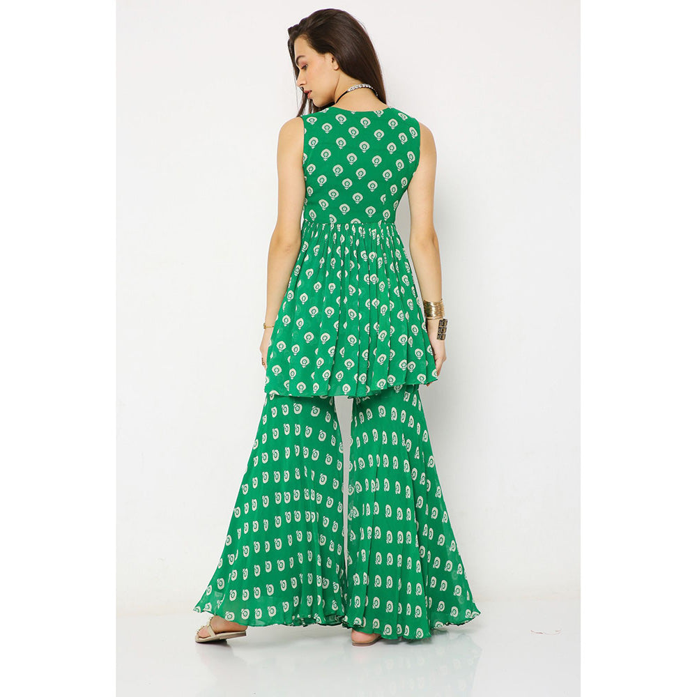 Neha Mehra Green Barfi Georgette Embroidered Peplum Kurti with Sharara (Set of 2)