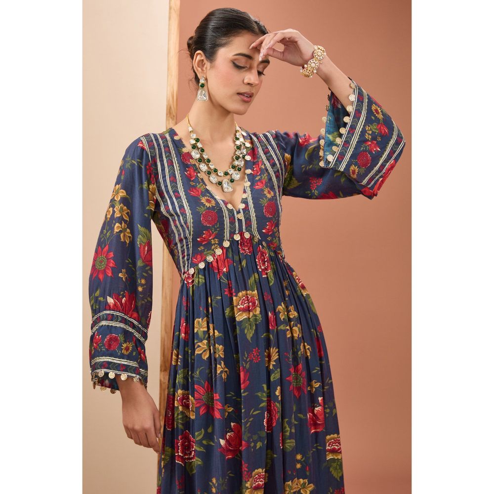 Neha Khullar Blue Printed Anarkali Kurta with Pant and Dupatta (Set of 3)