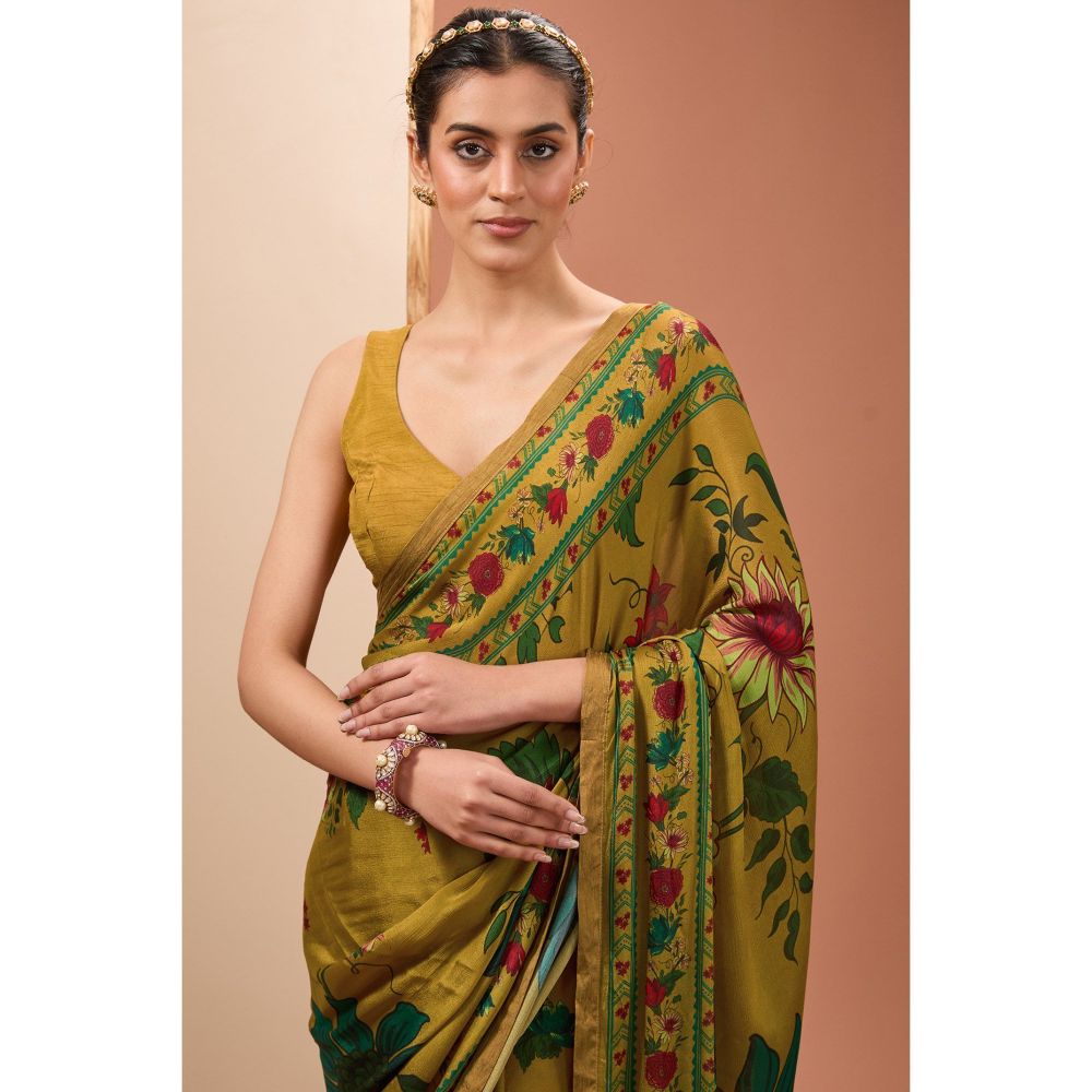 Neha Khullar Printed Saree In Mustard Colour with Petticoat and Stitched Blouse