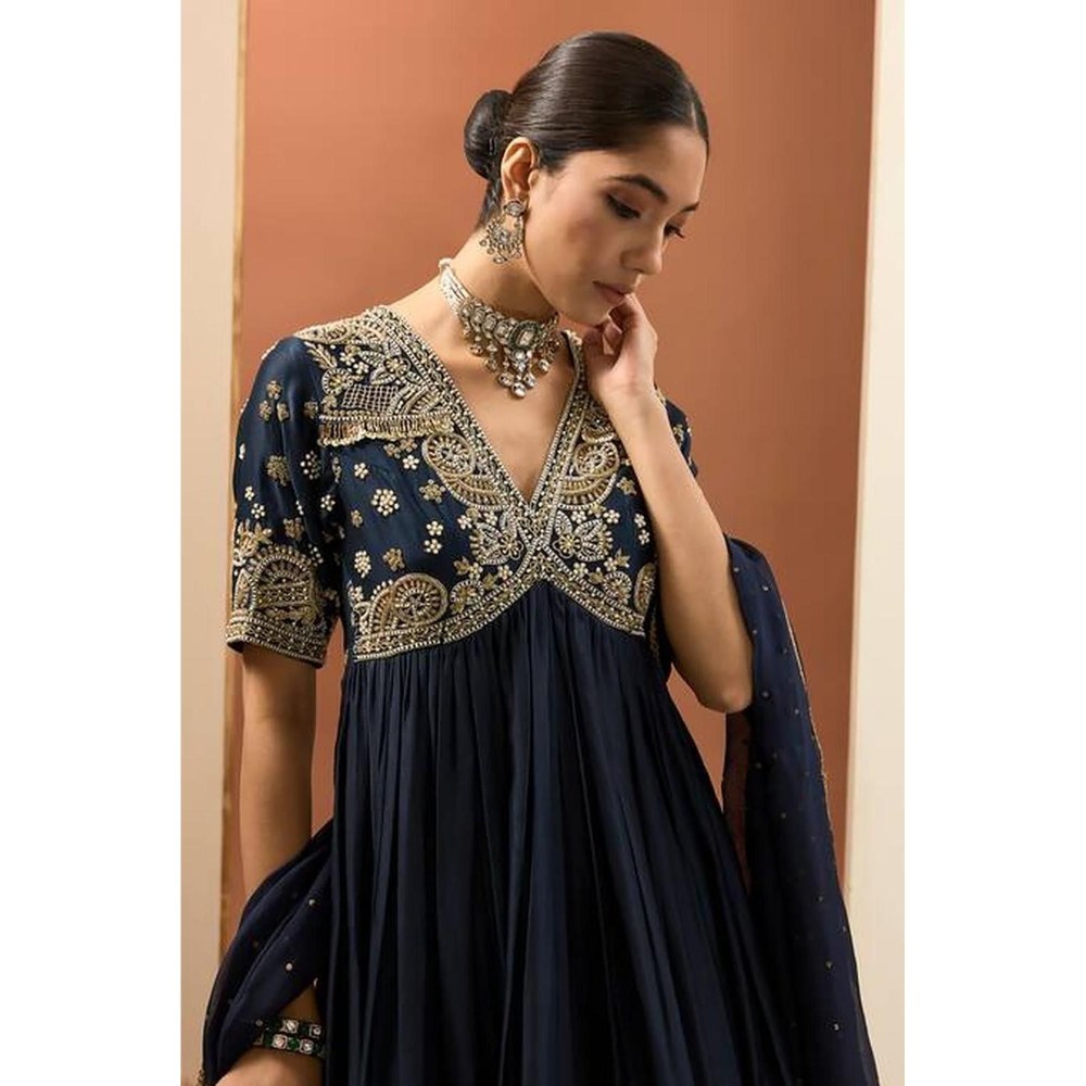 Neha Khullar Blue Chanderi Silk Hand Embroidered Anarkali Set