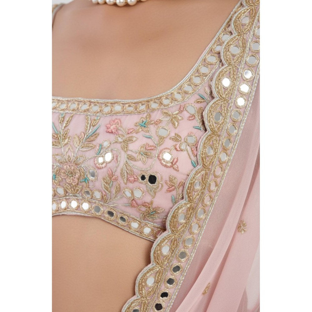 Neha Khullar Pink Hand Embroidered Mirror Work Pre Drape Saree and Stitched Blouse Set