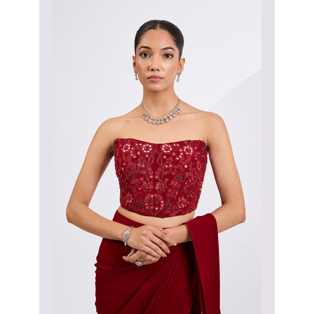 Neha Khullar Red Pre Draped Saree Set with Heavily Embellished Corset Blouse