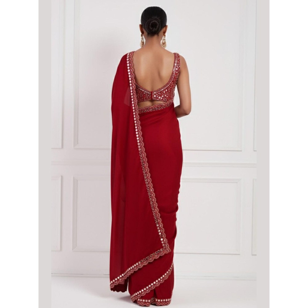 Neha Khullar Red Mirror Work Pre Drape Saree and Stitched Blouse Set