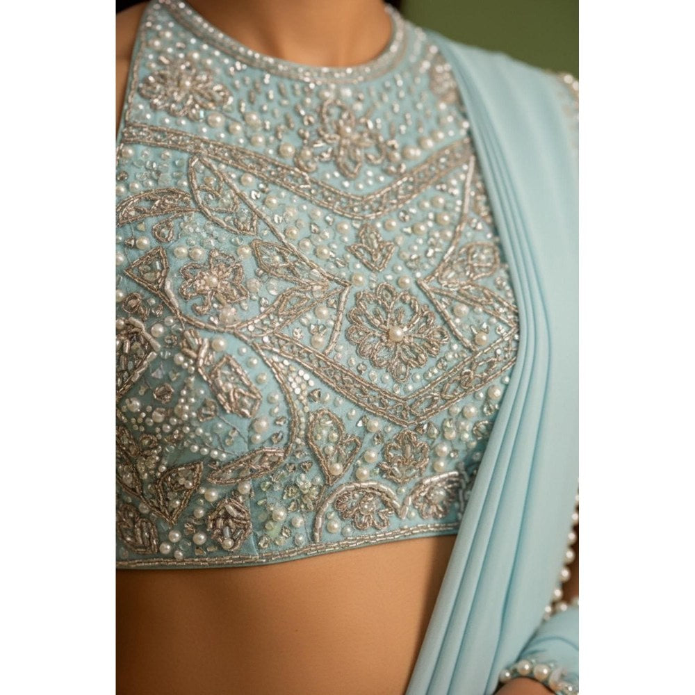 Neha Khullar Blue Pre Drape Saree and Halter Neck Stitched Blouse Set