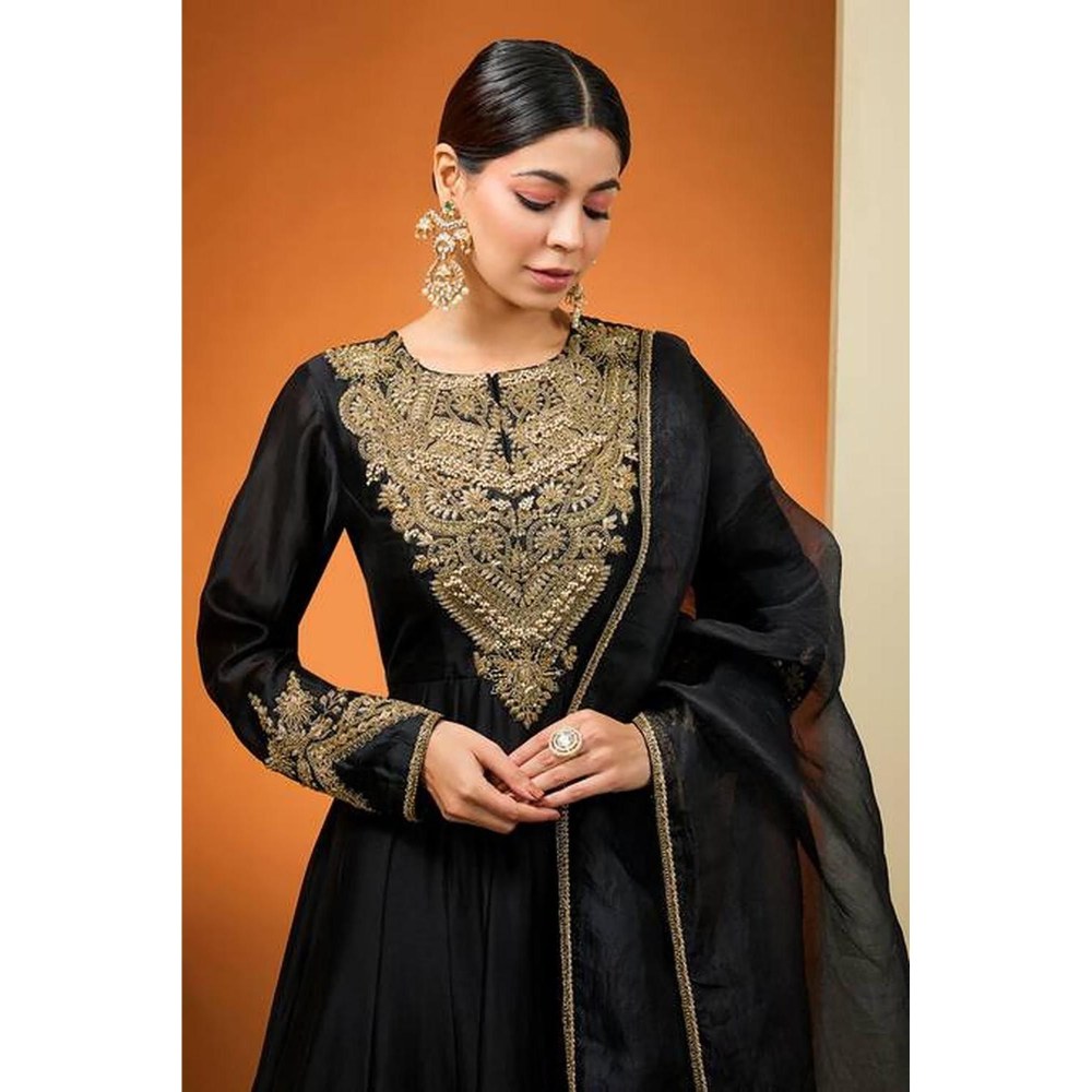 Neha Khullar Black Silk Chanderi Hand Embroidered Kalidar Anarkali Set