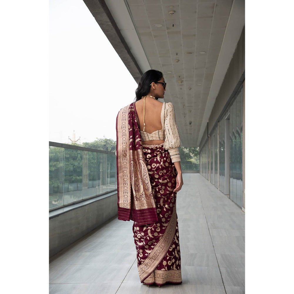 Neha Tarun Maroon Embroidered and Woven Saree and Belt with Stitched Blouse