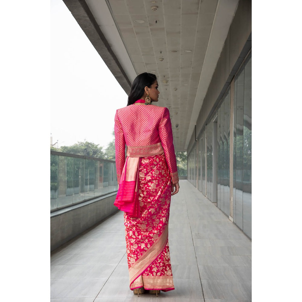 Neha Tarun Pink Woven Saree and Short Jacket with Stitched Blouse