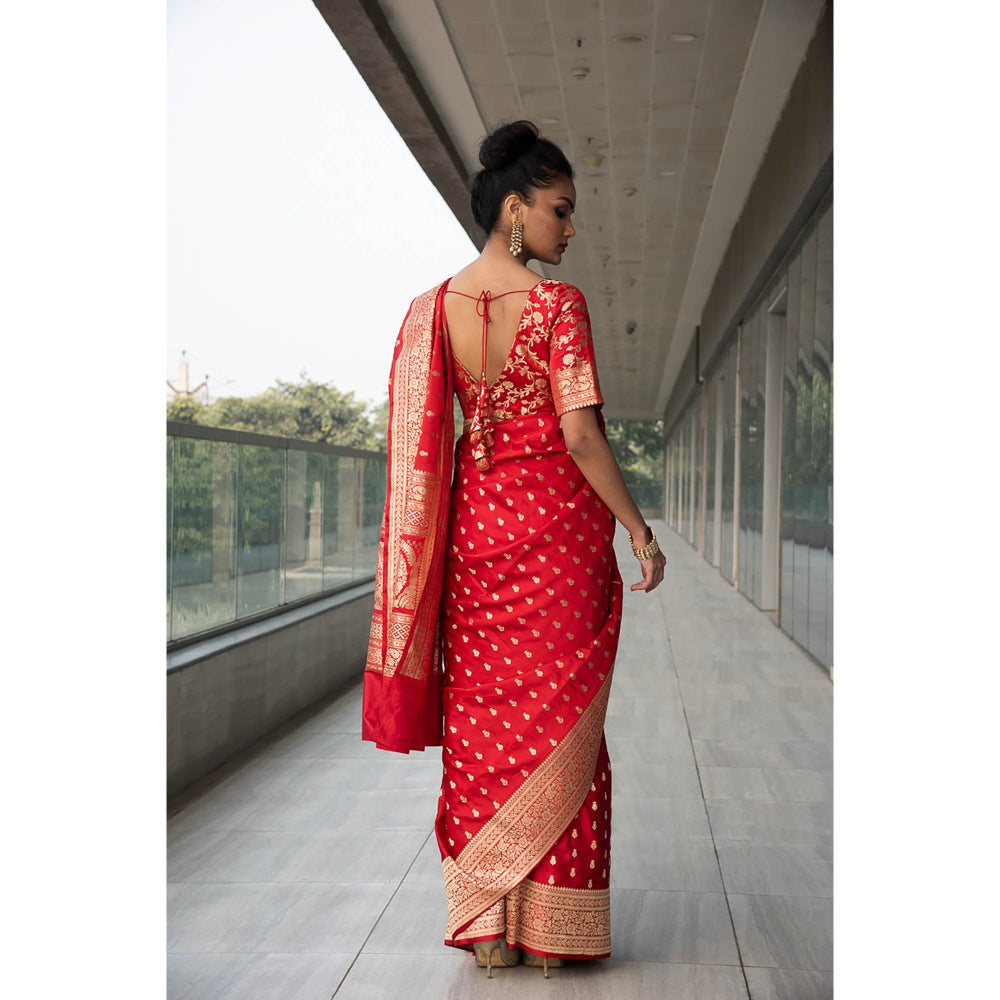 Neha Tarun Red Woven Saree with Stitched Blouse