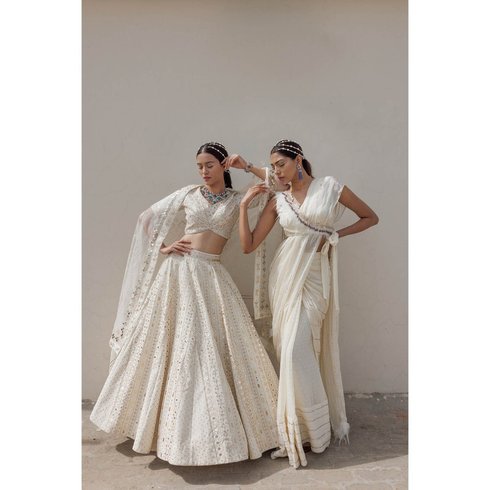 Neha Tarun Ivory Embroidered Lehenga with V Neck Blouse and Dupatta (Set of 3)