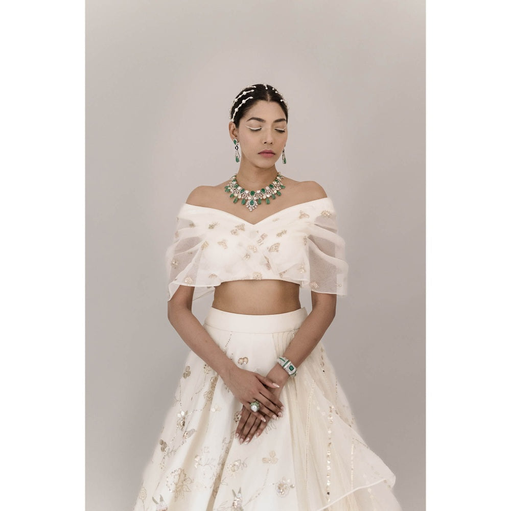 Neha Tarun Ivory Multi Layered Lehenga with Off Shoulder Blouse (Set of 2)