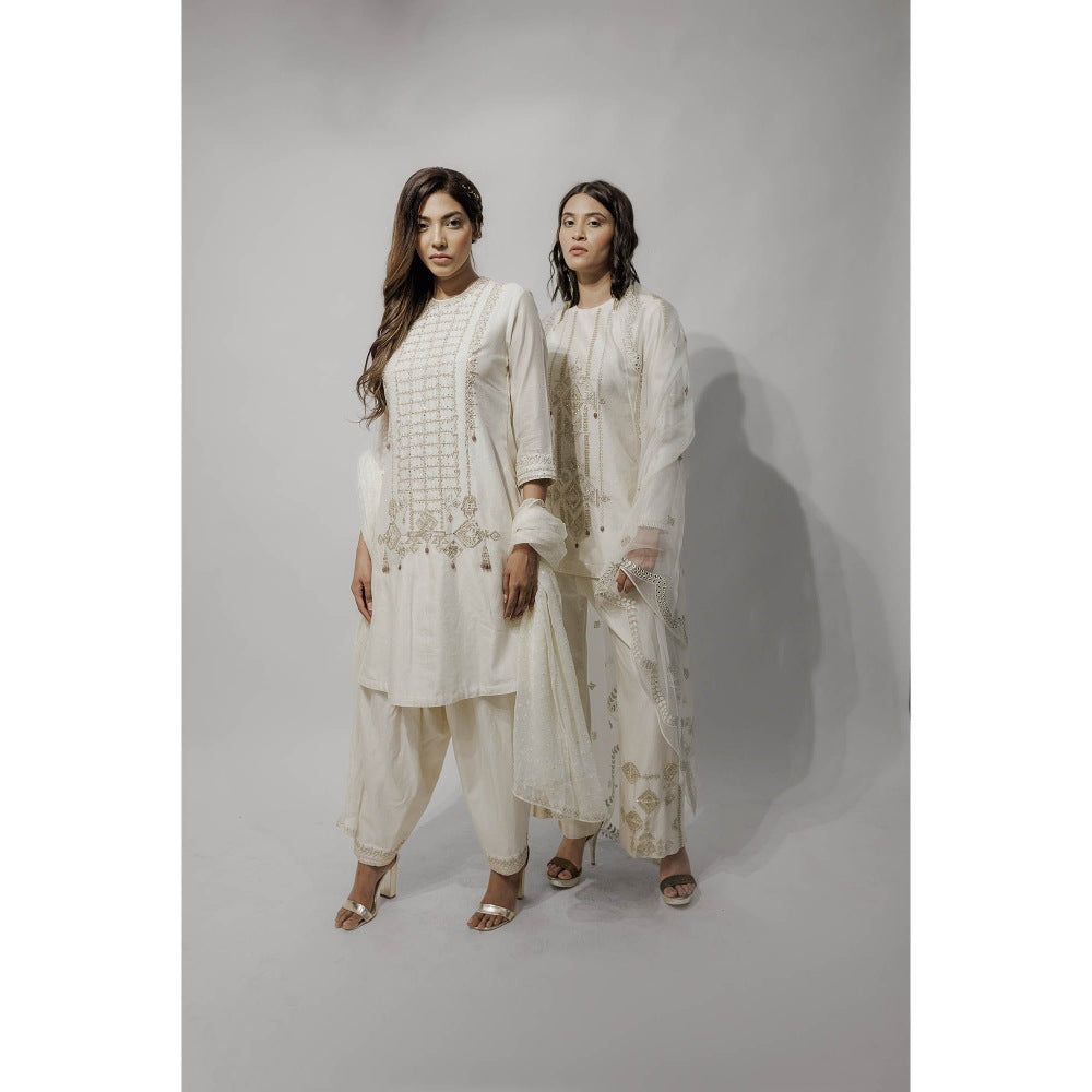 Neha Tarun Ivory A-Line Kurta with Pakistani Salwar and Dupatta (Set of 3)