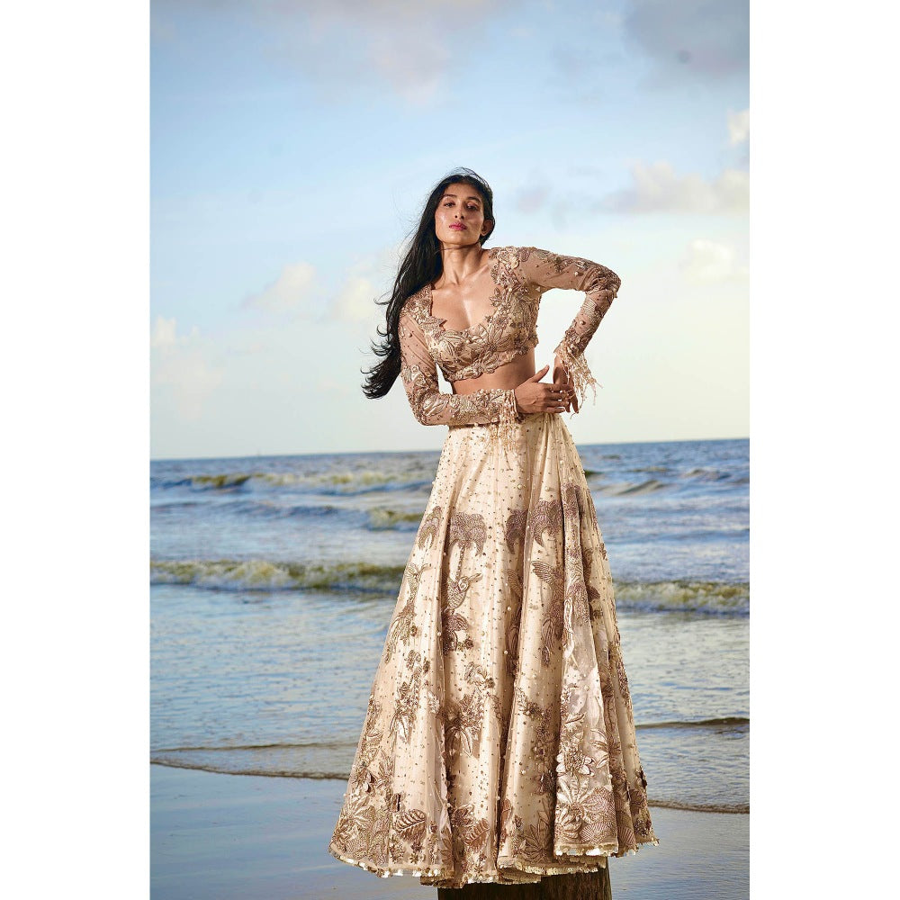 Neha Tarun Gold Embroidered Lehenga with Blouse and Dupatta (Set of 3)