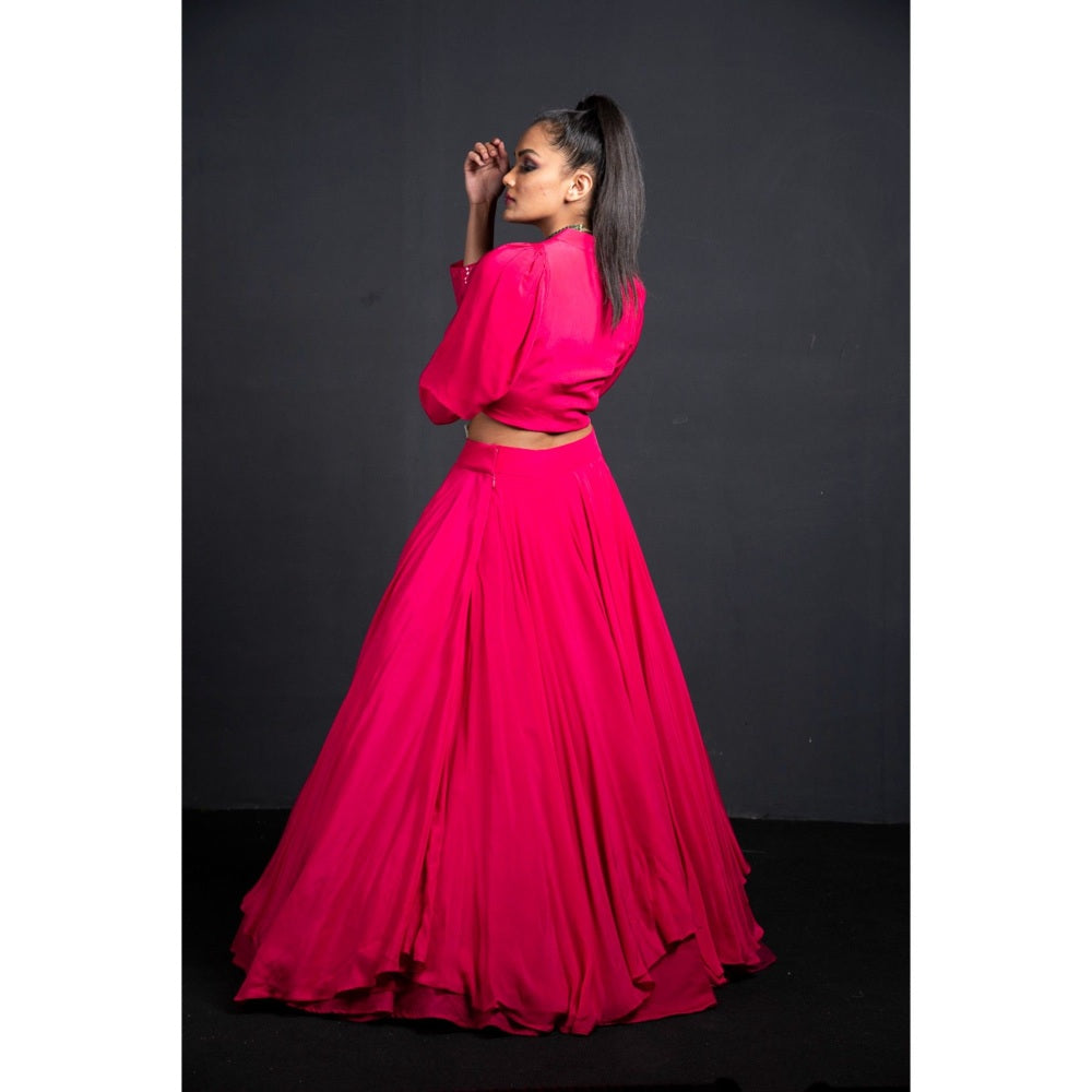 Neha Tarun Pink Power Shoulder Crop Top with Skirt (Set of 2)