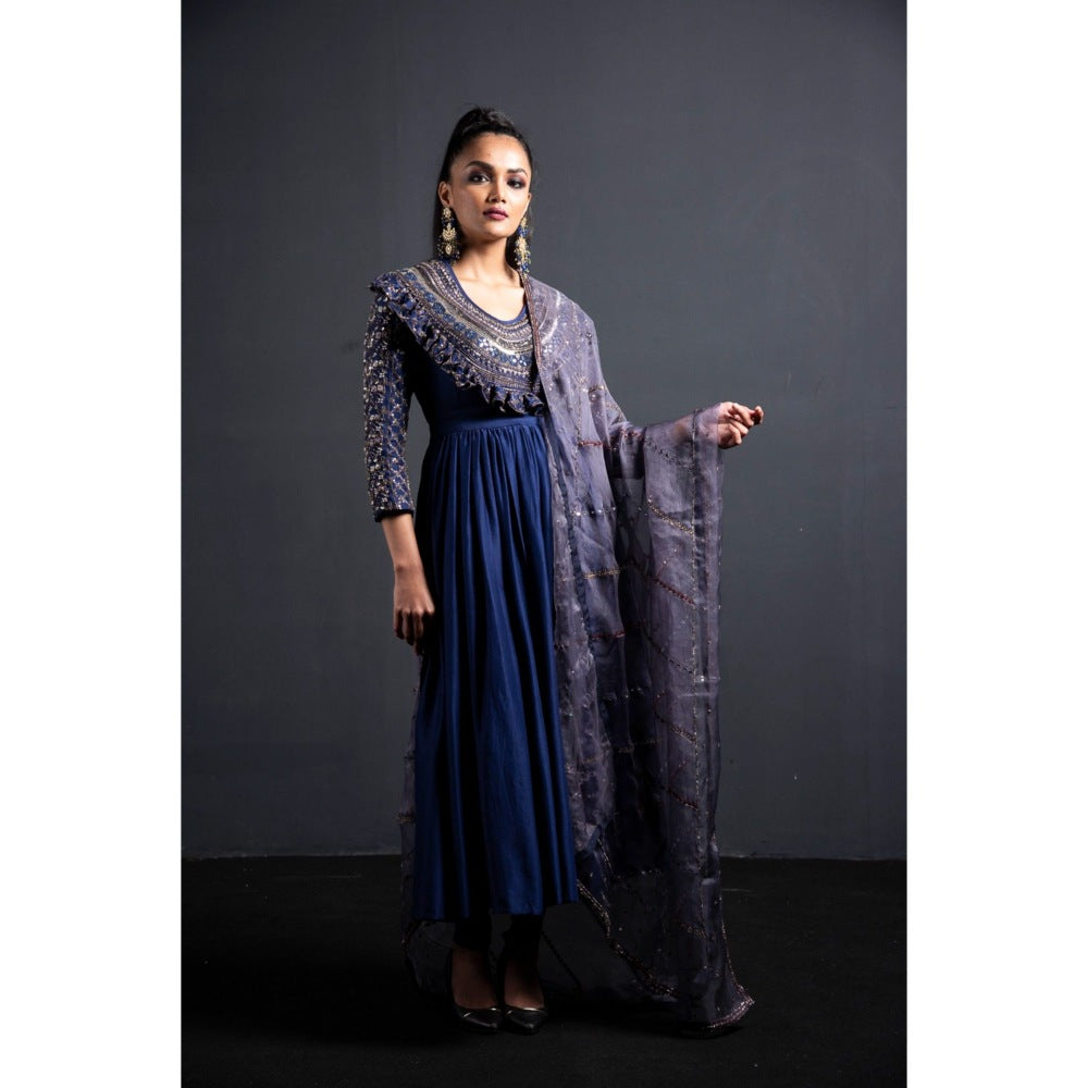 Neha Tarun Blue Embroidered Anarkali with Churidar and Dupatta (Set of 3)