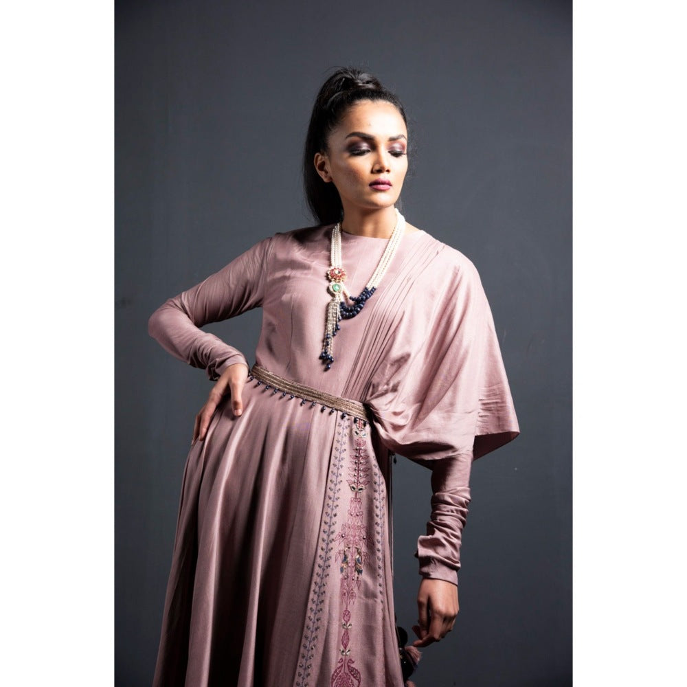 Neha Tarun Pink Gown with Attached Drape and Belt (Set of 2)