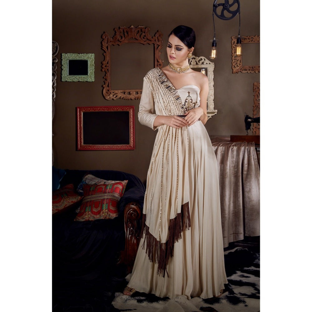 Neha Tarun Ivory Single Shoulder Gown with Attached Draped and Belt (Set of 2)