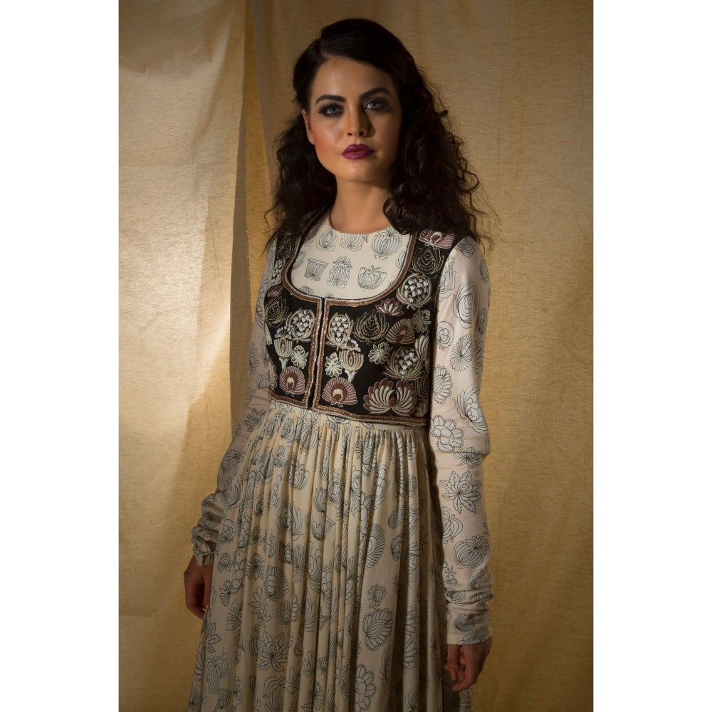 Neha Tarun Off White Printed Anarkali with Embroidered Short Jacket and Pant (Set of 3)