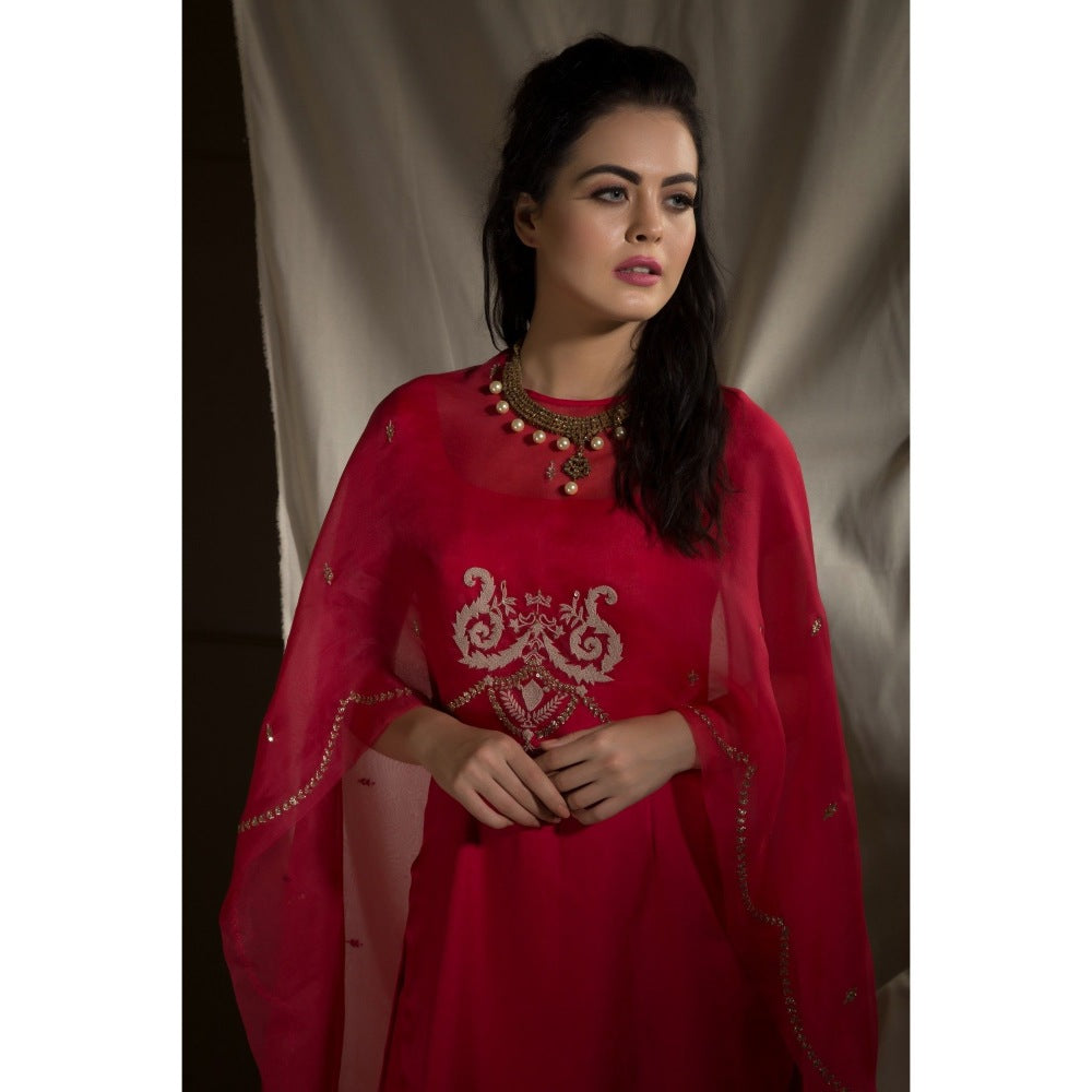 Neha Tarun Red Short Kurta with Cape and Pant (Set of 3)