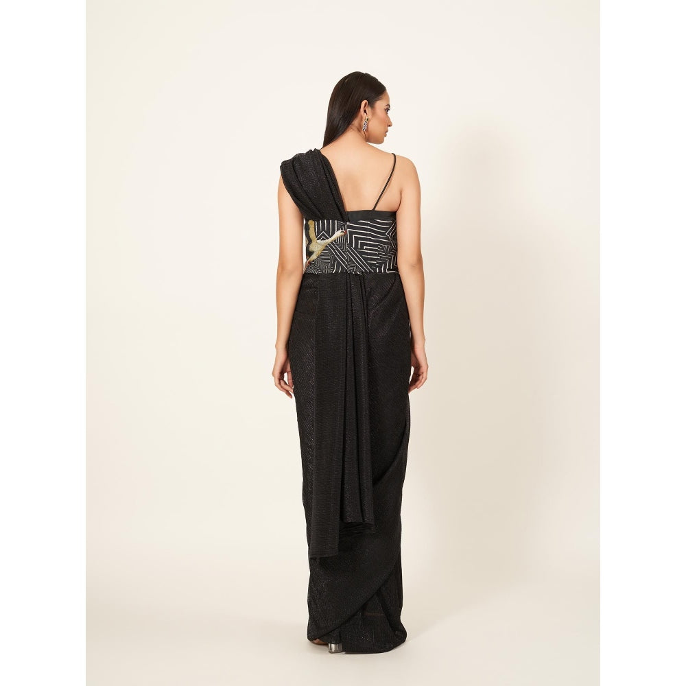 Neha Tarun Black Shimmered Saree with Stitched Blouse and Corset Belt